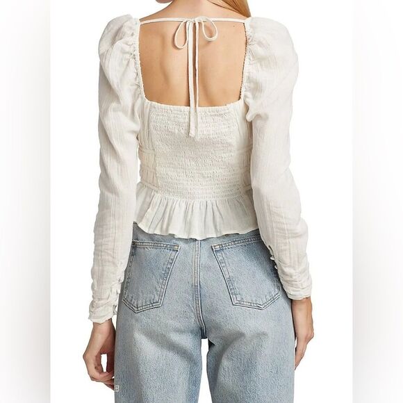Free People Chloe Cotton V Neck White Smocked Back Boho Crop Top Size S - Picture 2 of 8
